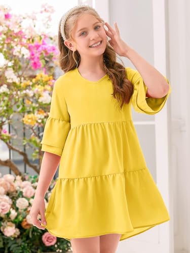 Batermoon Girls Summer Dress Ruffle Sleeve V Neck Tunic Dresses for Teens Loose Casual Flowy Swing Dress2