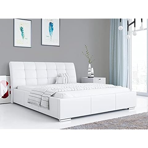 MKS MEBLE - Amber Polsterbett mit Kopfteil - Doppelbett mit Bettkasten für Schlafzimmer, Jugendzimmer - Deko Bed mit Lattenrost - 180x200 - Weiß Kunstleder Cover