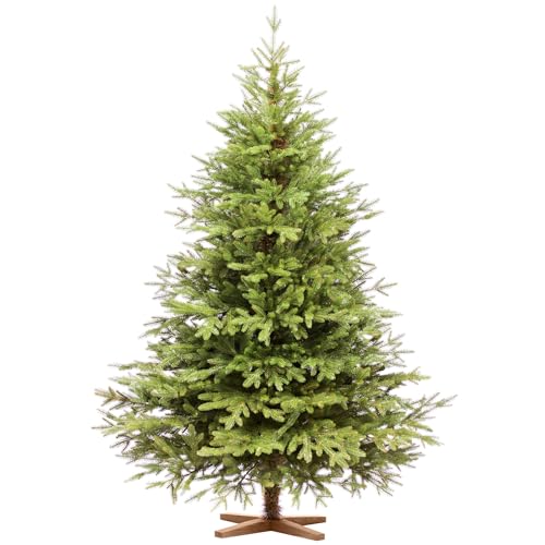 FAIRYTREES Árbol de Navidad 180 cm Nordmann Exlusivo 100% PE | Elementos Naturales Moldeados por inyección | Hecho en la UE | Árbol de Navidad con Soporte de Madera de Fresno Hecho a Mano