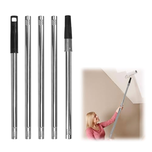 Farbroller Verlängerungsstange, Edelstahl Stumpfrollstange Teleskopstange mit Taper Adapter, Teleskopstangen für Farbroller, Einhängbarer, Rutschfester Griff (Silber 2m)