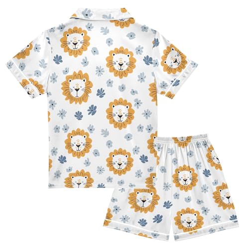 Cartoon Cute Lion Face Prints Summer Satin Pajama Set, Cute Button-Down Sleepwear Pj Set for Sleep Wears2