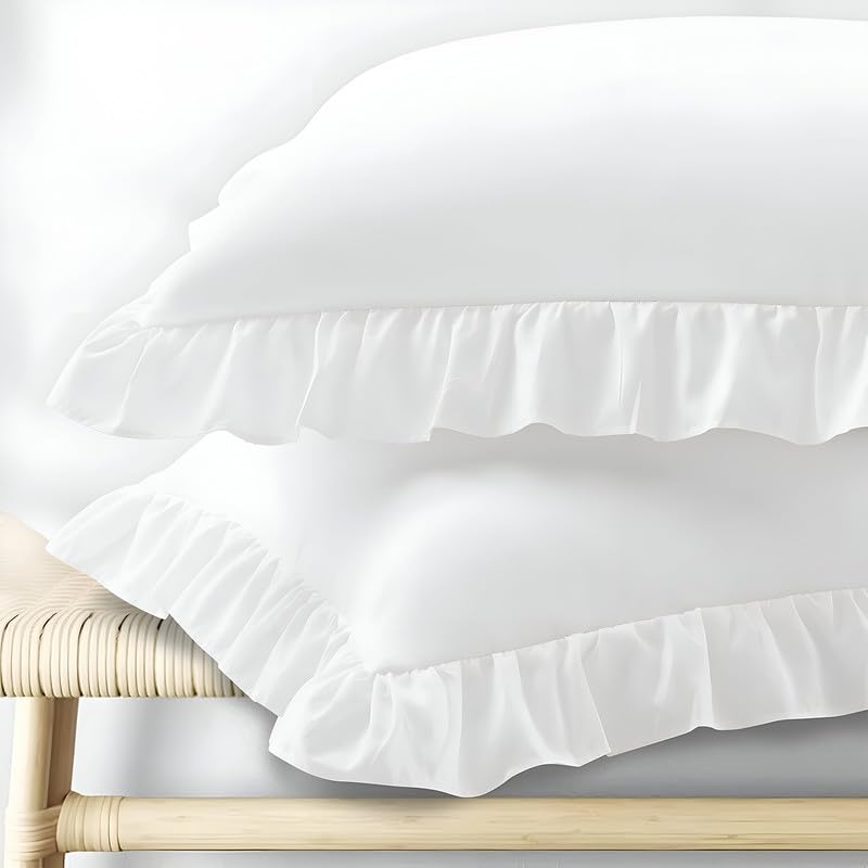 Ruffle Pillow Cases Set of 2, Decorative Corner Ruffle Pillow Covers with Envelope Closure, Wrinkle Resistant Pillowcases 16" x 24", Ruffled Pillow Shams, White-image-1