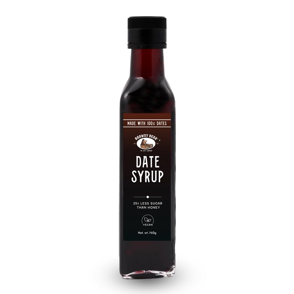 Brawny Bear Date Syrup, Healthy Sugar Substitute, 100% Natural Arabian Date Syrup with No Added Sugar and Preservatives, Vegan, Natural Sweetener for Toppings, Baking, Cooking, Low GI - 140gm