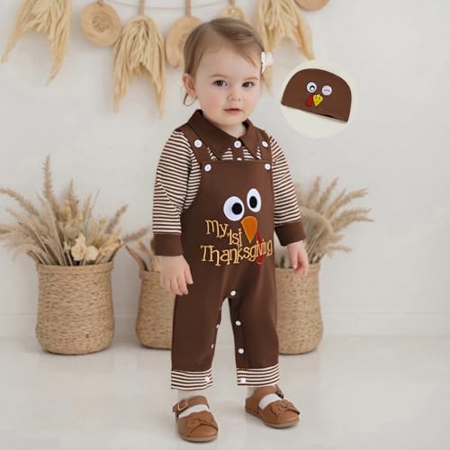 Baby Boy Thanksgiving Outfit Bubble Romper Lapel Waffle Striped Long Sleeve Onesie Turkey Overalls Pants Set Hat2