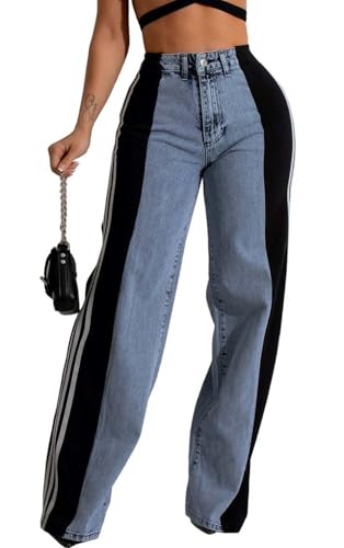 Women’s Stretchy Jeans with Patchwork Stripes High Waisted Loose Denim Color Block Jean Straight Leg Pants