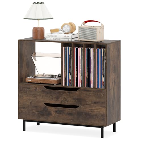 COSTWAY Mueble Tocadiscos, Soporte para Tocadiscos con Compartimento Abierto, 4 Estantes de Vinilos, 2 Cajones y Patas de Metal, Mesa Auxiliar de Discos Vinilos para Salón, 91 x 36 x 87 cm (Rústico)