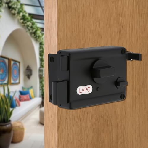 Image of LAPO Rim Lock, Applicable to Main & Safety Doors, TwinPin Extreme Dead Bolt Lock, Suitable for Single, Sliding & Gate Doors, Black Finish, 3 Keys, Reversible Knob, 3 Years Warranty