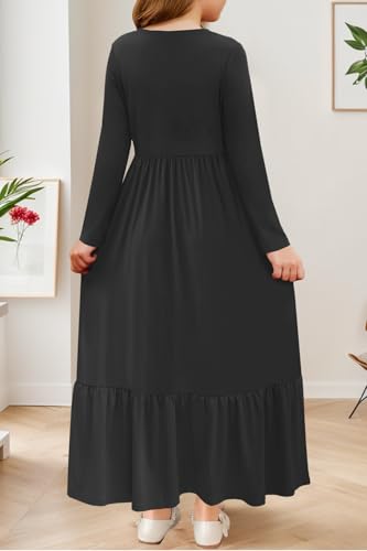 YOVION Girls Maxi Dress Fall Long Sleeve Square Neck Tiered Flowy Casual Holiday Dresses with Pockets for 6-12 Y4