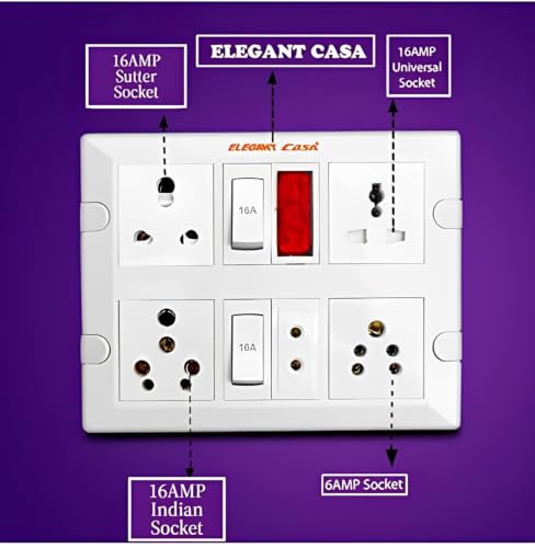 Image of ELEGANT CASA 6+16 Amp Electric Extension Board 4 Indian and Universal Sockets with Switches, Indicator Light for Small and Large Appliances with PTC Connector