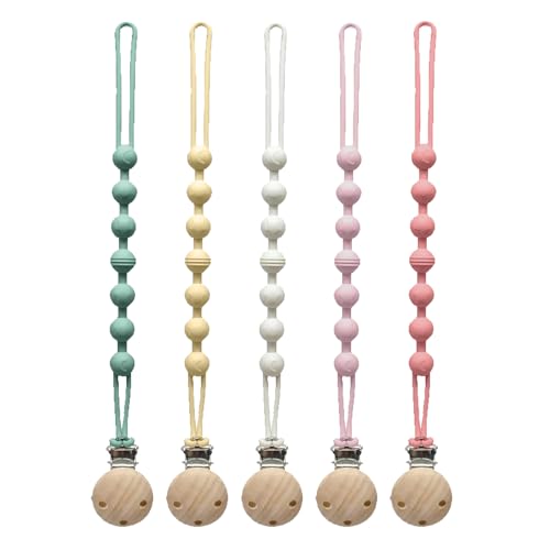 Image of Silicone Pacifier Clip for Baby Boys Girls Paci Binky Holder 5 Pack | food grade silicone, one piece design, soothe binky holder, teething relief, baby shower, birthday, christmas, baby registry
