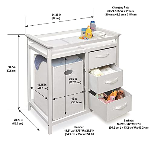 Badger Basket Modern Baby Changing Table - Nursery Furniture with Laundry Hamper and 3 Storage Drawers - Diaper Changing Station with Safety Belt, Changing Pad, and Organizer Baskets - White