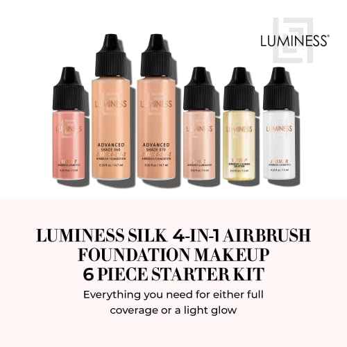Luminess Silk 4-In-1 Airbrush Foundation Makeup Starter Kit - Warm Coverage, 6-Piece - Includes 2X Silk Airbrush Foundation, Blush, Glow Highlighter, Moisturizer Primer & Airbrush Cleaning Solution #TOP1