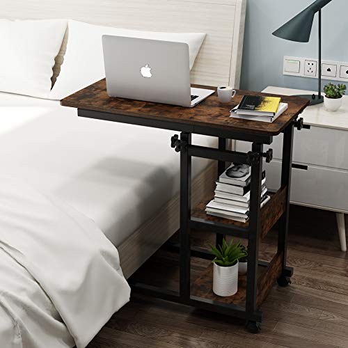 Tribesigns Snack Side Table, Mobile End Table Height Adjustable Bedside Table Laptop Rolling Cart C Shaped Tv Tray With Storage Shelves For Sofa Couch (Retro Brown) #TOP2