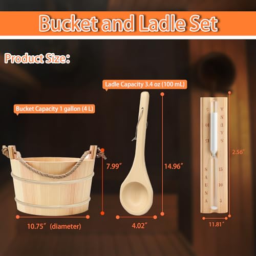 5 Pcs Sauna Accessories Kit, Bucket and Ladle Set, Thermo-Hygrometer, Sauna Hourglass, Brush, Exfoliating Volcanic Rocks, Wooden Sauna Bucket, 1 Gallon (4 L) Water Capacity, Handmade (Pine) - Image 2