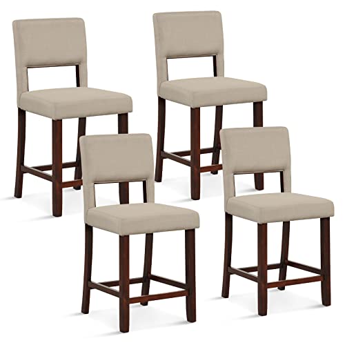 Image of COSTWAY Bar Stools Set of 4, Linen 24.5 Inch Counter Height Chairs with Hollowed Backs, Rubber Wood Legs, Upholstered Barstools for Kitchen Island Home Bar Pub Dining Room, Beige