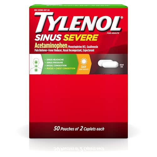 Tylenol Sinus Severe Daytime Caplets with Acetaminophen 325mg Guaifenesin 200mg & Phenylephrine HCl 5mg Non-Drowsy Pain Reliever Expectorant & Nasal Decongestant 50 Travel Packs of 2 ct