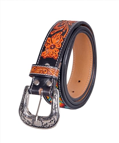 Western Tooled Leather Beaded Belt For Men and Women 30IS1093