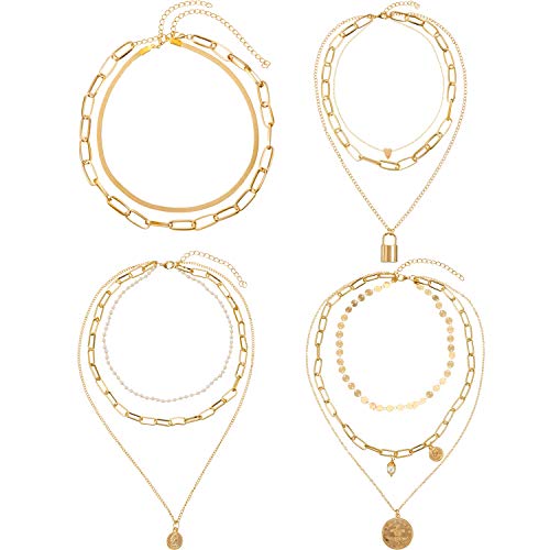 4 Pieces Dainty Link Layered Choker Necklaces Handmade Lock Pendant Paperclip Chain Choker Multi-layer Adjustable Layering Chains for Women