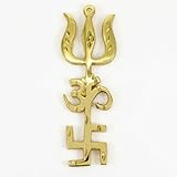 Gold Plated Om Swastik Trishul Car Hanging Brass Tri Shakti Yantra Car Décor