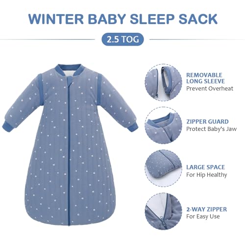 Image of Baby Sleep Sack, TOG 2.5 Winter Wearable Blanket, Removable Long Sleeves Baby Sleeping Bag for Infants and Toddlers, Super Soft Warm Comfortable Sleeping Sack, Blue White Stripes, 6-18M