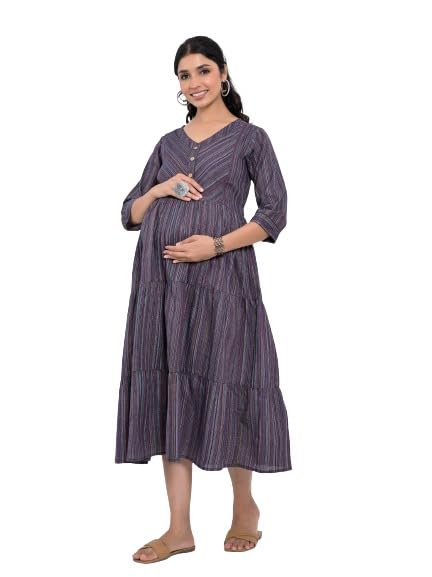 Negen Cotton Grey/Black Maternity Dresses for Women with Feeding Zip – Floral Breastfeeding Maternity Gown Kurti for Pregnant Women – Nursing Pre and Post Pregnancy Wear(GreyBLack)