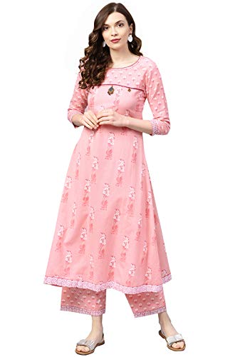 Image of ishin Women's Pure Cotton Anarkali Printed Thread Work Floral print Pink Kurta suit set with Palazzo