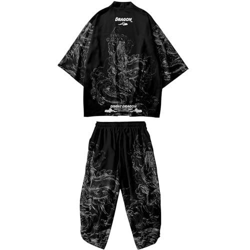 DOSLAVIDA Men's Japanese Kimono Jacket Set Stylish Open Front Coat With Shorts Chinese Style Printed Cardigan Suit