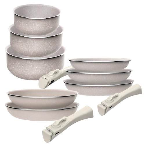 Juego de 8 pcs: 5 sartenes Ø18Ø20Ø24cm(x2) Ø28cm y 3 Cacerolas Ø16Ø18Ø20cm en aluminio prensado con revestimiento ILAG con 2 mangos extraibles