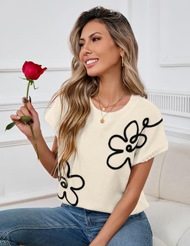 Image of Libsorge Womens Cute Flower Cap Sleeve Sweater Vest Spring 2025 Lightweight Ribbed Knit Crewneck Knit Top
