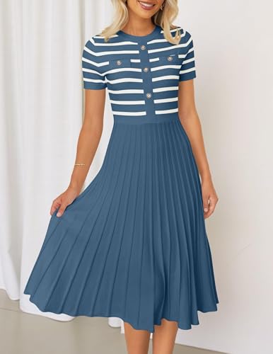 Women's Striped Knit Ribbed Wear to Work Dress, Short Sleeve Pleated A-Line Business Dress 20253