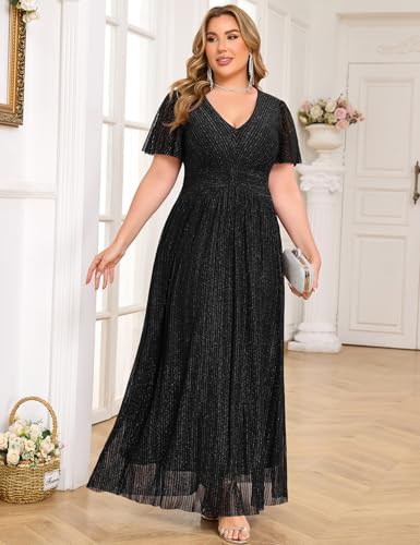 ZOMVA Plus Size Maxi Formal Dress Sparkly V-Neck A-line Ruffle Sleeves Evening Gown Cocktail Prom Lace4