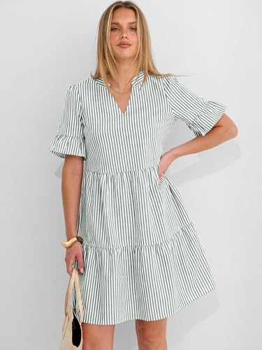 Image of Caracilia Dresses for Women Summer 2026 Striped V Neck Ruffle Sleeve A Line Tiered Flowy Casual Mini Beach Dress with Pockets