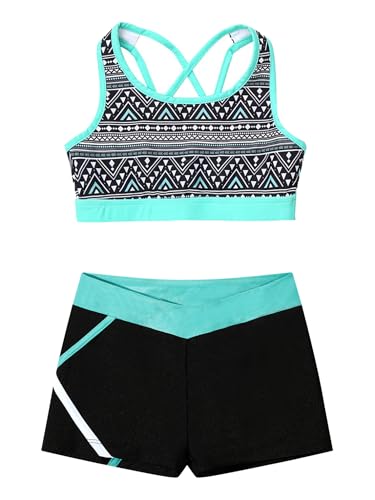 Kids Girls Dance Gymnastic Outfit Sleeveless U Neck Crop Top With Shorts Set Sport Training Dancewear Geometric Black 14 Years3