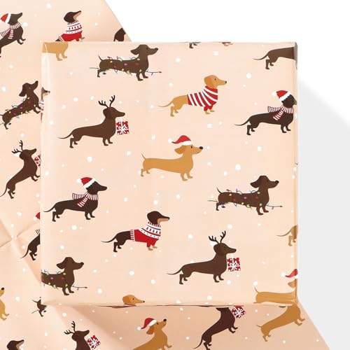 MEJOSER 4 Blatt 50x70cm Dackel Geschenkpapier Weihnachten Dackel Geschenke für Hundebesitzer Weihnachtsgeschenke Geschenkverpackung Kinder Hundeliebhaber Weihnachtsgeschenkpapier