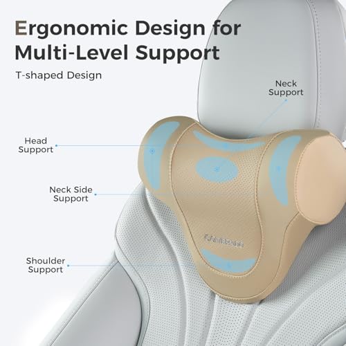 Image of Coverado Car Headrest Pillow, Ergonomic Memory Foam Car Neck Pillow for Driving Seat with Adjustable Strap, Soft PU Leather Breathable Removable Cover Neck Support for Neck Pain Relief - Beige