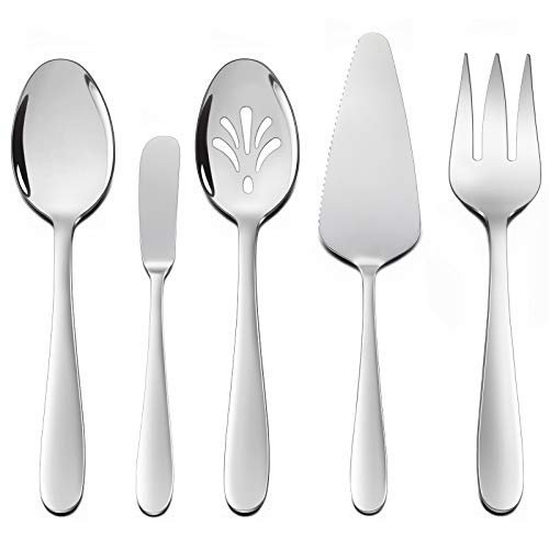 5-Piece Flatware Serving Utensils HaWare Solid Stainless Steel Serving Spoon Fork Mirror Polished and Dishwasher Safe