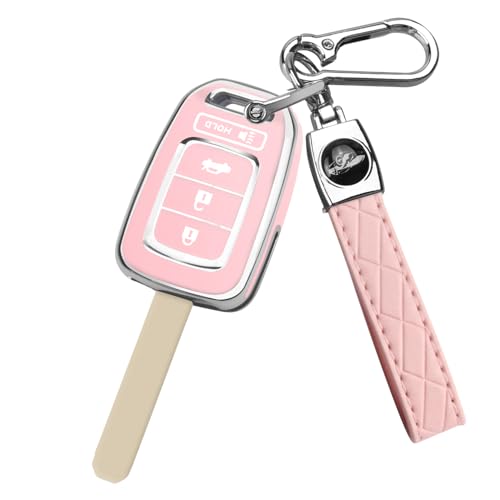 MILD EAST for Honda Key Fob Cover with Key Chain 4-Button Soft TPU Key Case Shell Full Protection for Sports Accord Civic CR-V Crosstour HR-V LX 2013-2022 Pink
