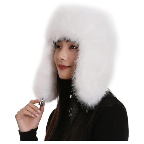 Roniky Women's Faux Fur Trapper Hat, Winter Thick Furry Ushanka Cap, Windproof Cycling Ski Hunting Hat with Ear Flap (US, Alpha, One Size, White) Cover