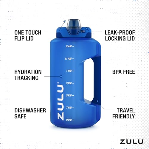 Image of ZULU Goals 64oz Half Gallon Plastic Water Bottle with Straw and Time Marker | Large Reusable Jug with Handle and Leak Proof Lid for All Day Hydration, Gym and Outdoors, Gift Ready, Royal Blue