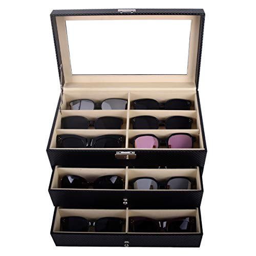 AUTOARK Carbon Fiber Leather 18 Piece Eyeglasses Storage and Sunglass Glasses Display Drawer Lockable Case Organizer,Black,AW-057