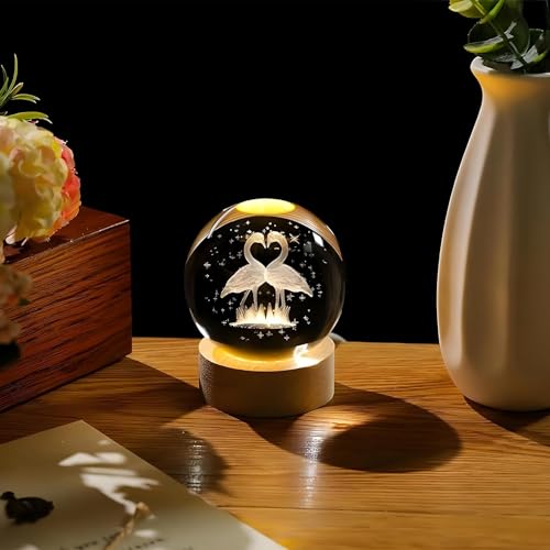 Image of 3D Crystal Ball LED Night Lamp with Wooden Base | Warm Light Bedside Table Lamp for Bedroom, Living Room, Kids Room, Study, Home Decoration & Gifting (Flamingo)