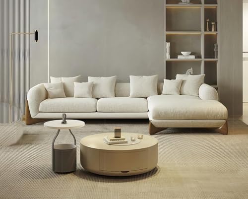 Image of Modern Off-White Boucle Upholstered Sofa Set with Stylish Wooden Legs Sofa for Living Room, Bedroom (4 Seater Sectional LHS)
