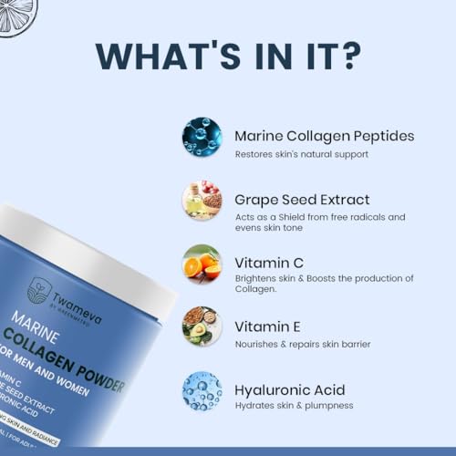 Image of Collagen Peptides Supplement for Skin, Hair, Nails | Vitamin C, E and Grape Seed Extract| For Healthy Skin,Hair | Marine Collagen Powder for Women & Men | Orange Flavour | 200g
