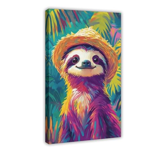 Toile paresseux chapeau paille art mural zen et drôle