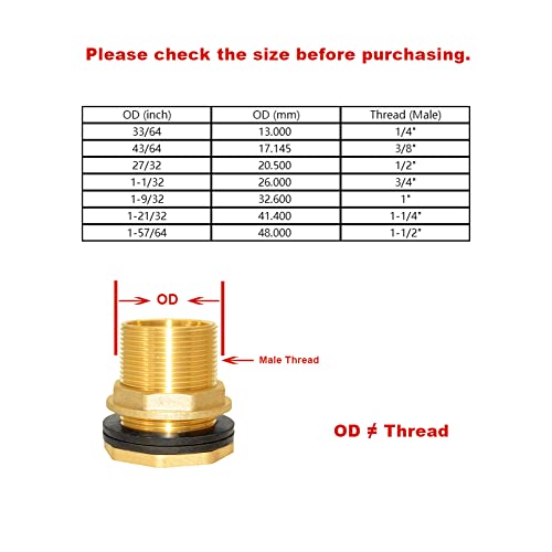 Hooshing 2JQ-00321-03LP Brass Bulkhead Fitting 3/8 Inch Female 1/2 Inch Male Threaded Water Tank Connector thumb #4