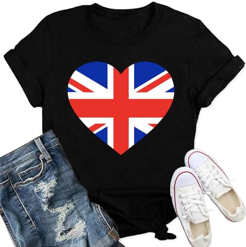 Qskall Womens Union Jack T Shirt British Flag Themed Shirts Heart Print Tee Tops Black