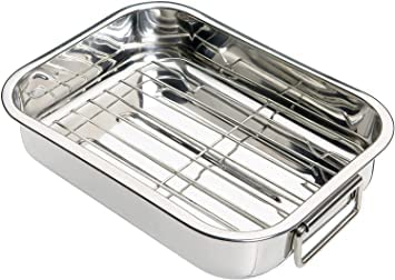 Nobel -Stainless Steel Deep Baking Pan, Roasting Tray, with Rack (Pan with Rack 35x26x5.5 cm.)