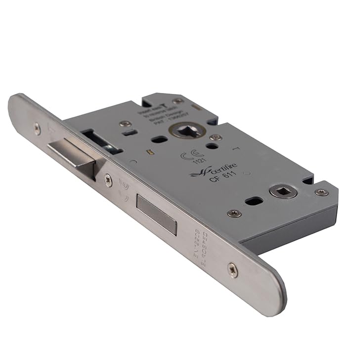 Easi-T DIN Bathroom Lock – Stainless Steel Reversible Mortice Lock with Privacy Function – Internal Door Lock with Strike Plate for Lever Handles. (Radius, Satin Stainless Steel, 85mm x 150mm)
