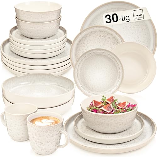 SÄNGER Key West | Steingut Geschirr Set 30 tlg, Teller Set 6 Personen, 6x Speise- Dessertteller, Müslischalen, Pastaschalen, Kaffebecher Kombiservice Creme mit sandiger Maserung | VALUE COLLECTION