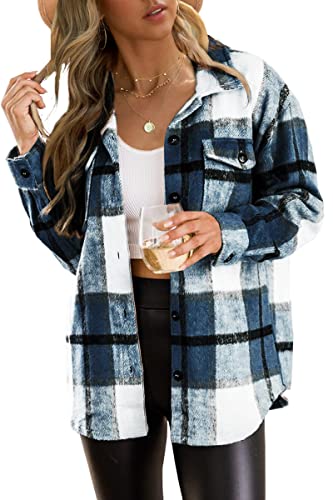 Trendy Queen Womens Flannel Shacket Casual Jacket Plaid Button Down Long Sleeve Shirt Fall Winter Outfits, Blue, M